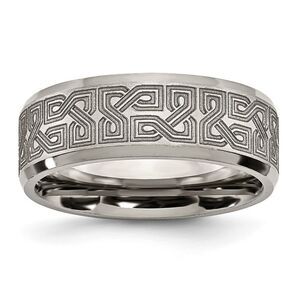 8mm Titanium Lasered Greek Key Beveled Edge Standard Fit Band, Sz 8.5